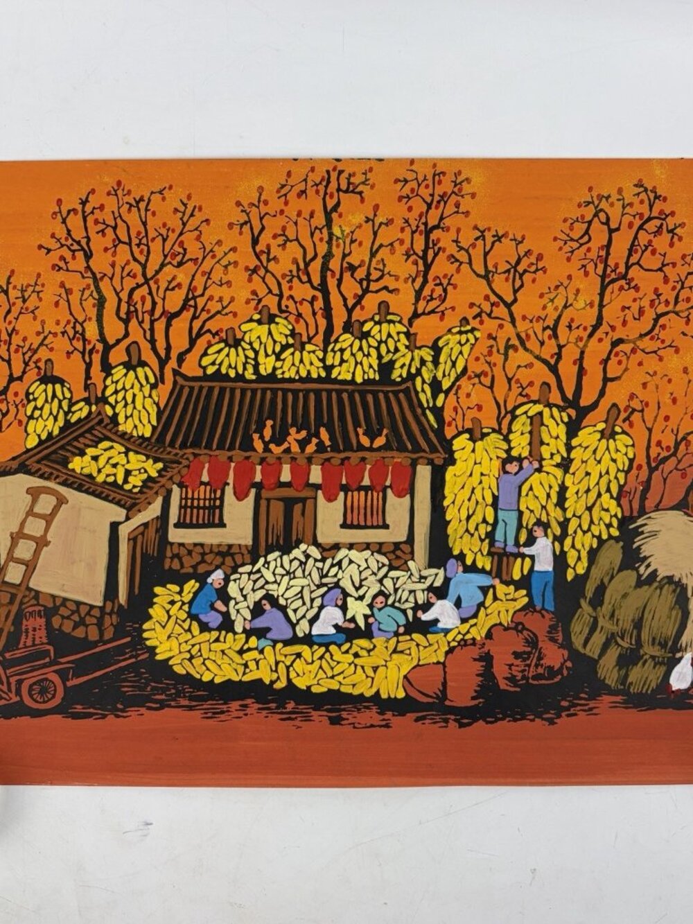 Chinese Huxian Peasant Painting 21.75 x 15.5” Autumn Folk Art Signed VTG